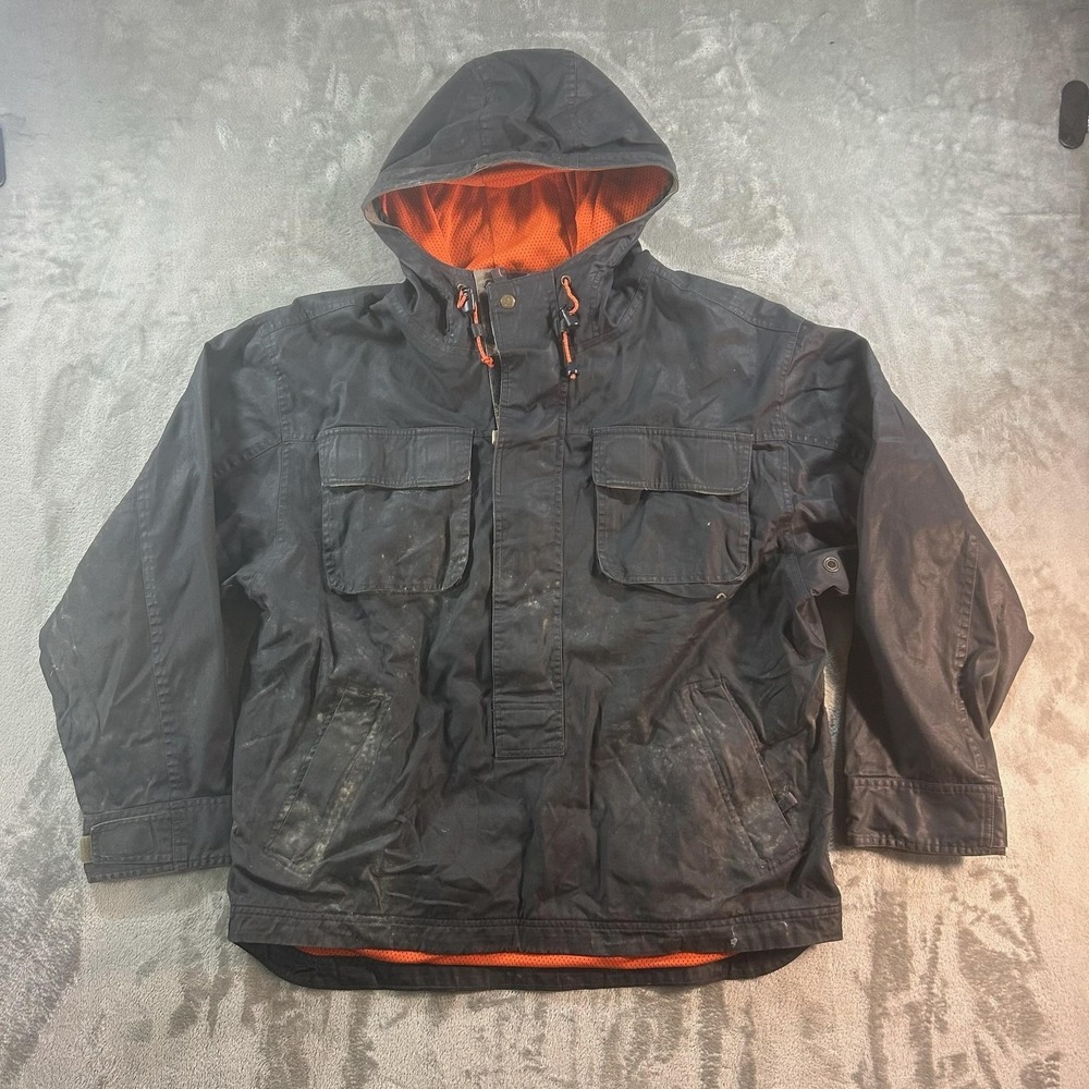 Gap Jacket Mens Medium Black Hooded Canvas Anorak Orange Mesh Lined Pullover